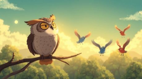 This captivating Isekai anime-style illustration portrays a heartwarming scene of a blind owl, rendered in a charming Pixar-e