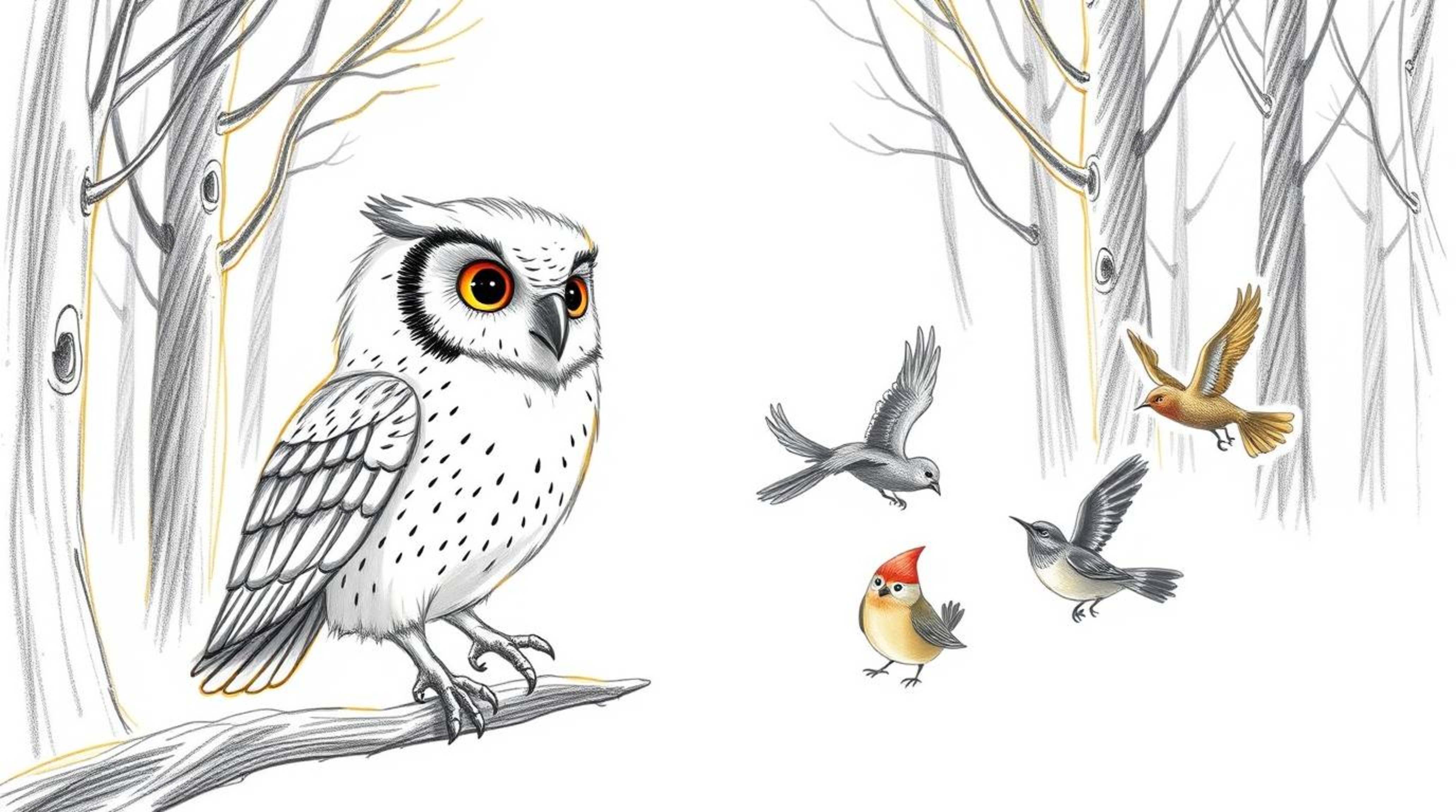 A heartwarming hand-drawn sketch in the style of Pixar depicts a serene blind owl patiently teaching a diverse group of birds