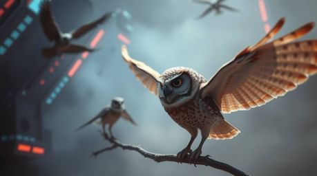 A captivating image depicts a blind owl, rendered in a Pixar style, in a soft cinematic haze with subtle futuristic sci-fi el