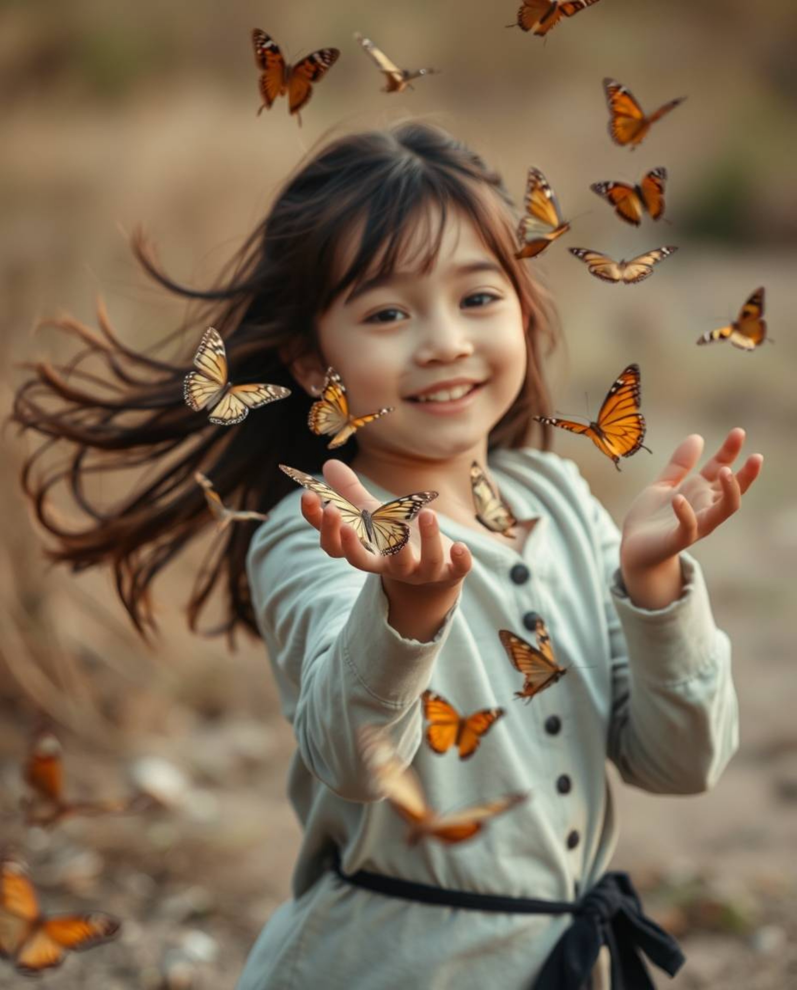 A captivating image capturing a girl in dynamic motion, releasing butterflies into the air. The scene is bathed in natural li