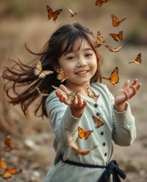 A captivating image capturing a girl in dynamic motion, releasing butterflies into the air. The scene is bathed in natural li
