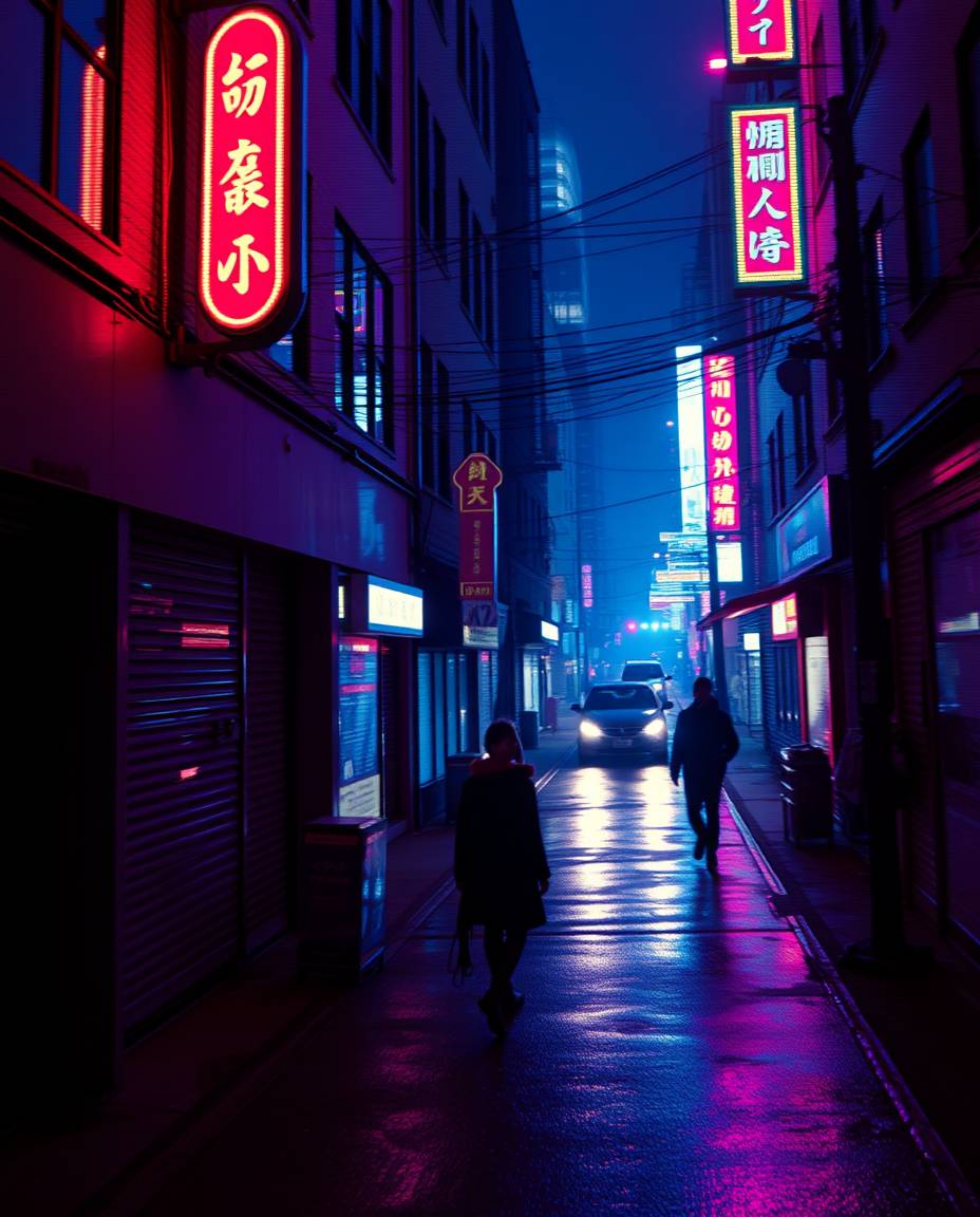 This high-angle, professional photograph captures a cyberpunk street bathed in a neon haze, rendered with a pixelated glitch 