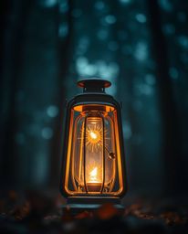A sharply focused glowing lantern casts a warm, ethereal glow in a dark forest, blurred by a bokeh effect. Gentle color contr