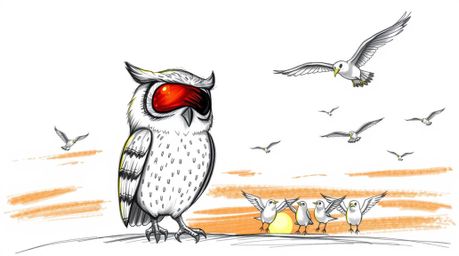 A heartwarming hand-drawn sketch in the style of Pixar depicts a gentle, blind owl leading a lively classroom of flying birds