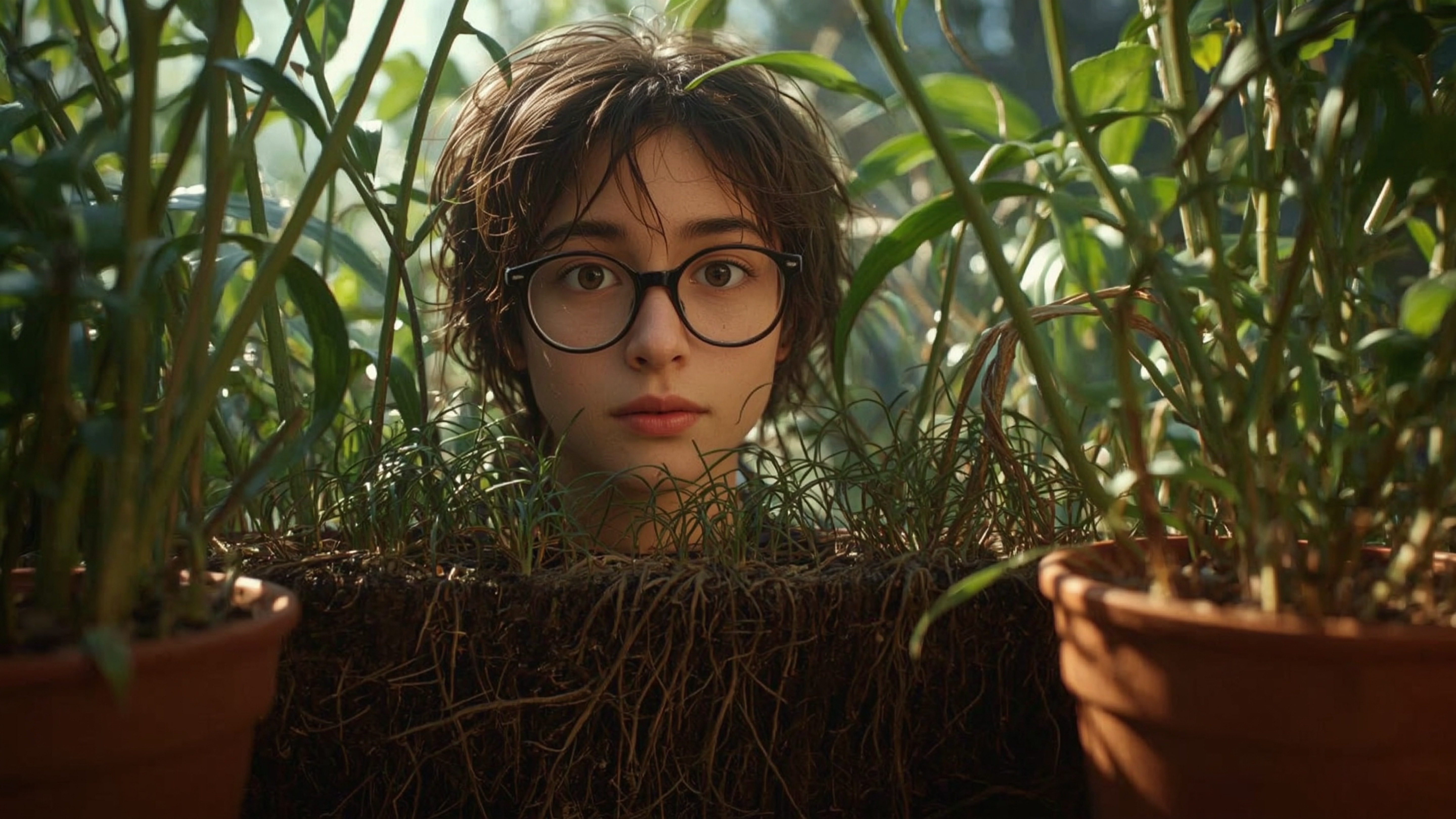 In a vibrant, whimsical photograph resembling a cinematic still, a gentle, bespectacled homeschooled genius with a curious ex