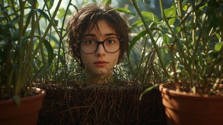 In a vibrant, whimsical photograph resembling a cinematic still, a gentle, bespectacled homeschooled genius with a curious ex