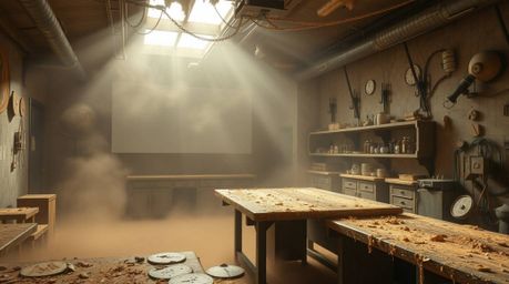 Explore a captivating image of a slime-covered science lab bathed in volumetric lighting.  The scene features muted earth ton