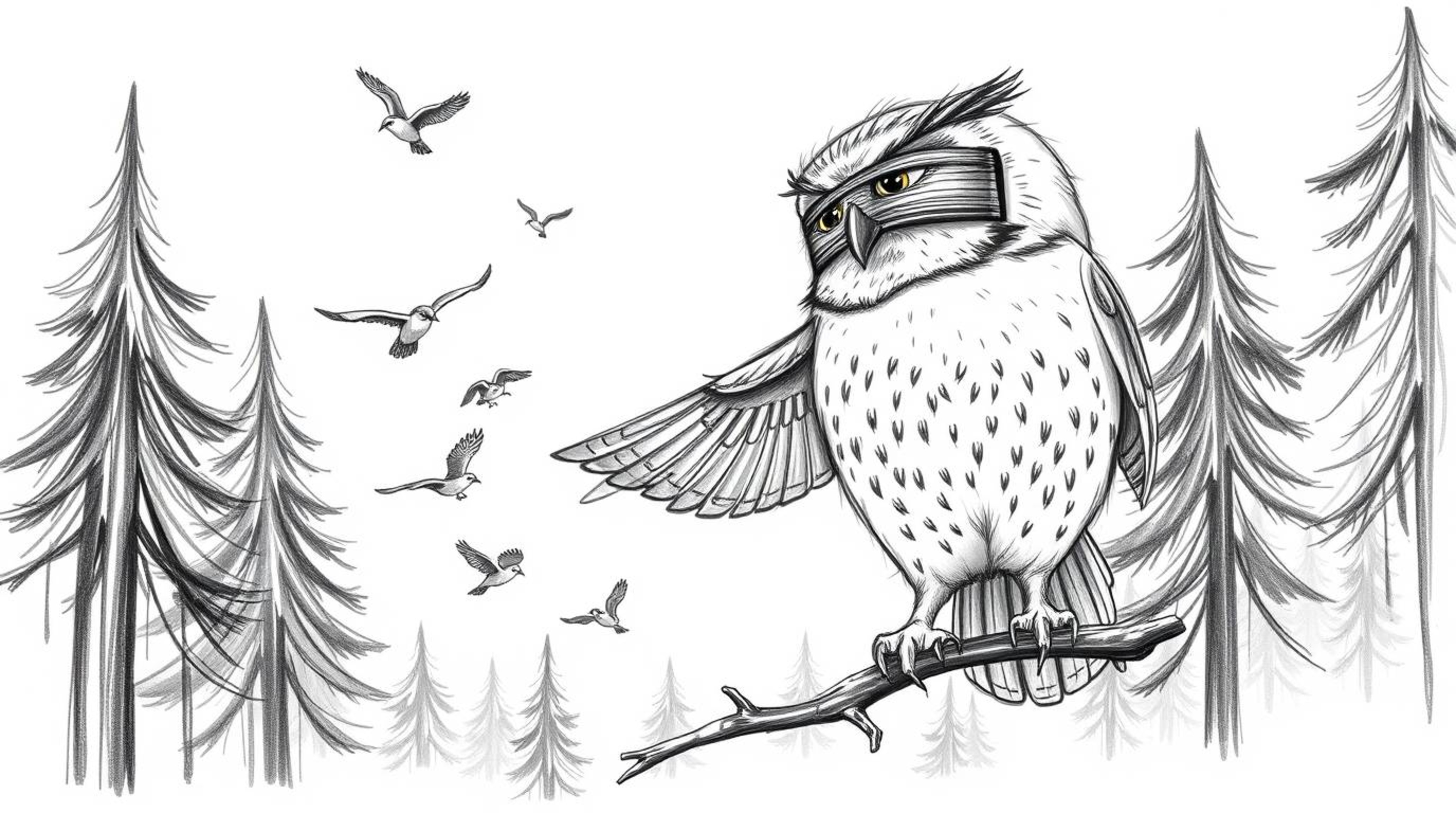 A captivating hand-drawn sketch in the style of Pixar depicts a blind owl with expressive features, patiently guiding small b
