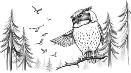 A captivating hand-drawn sketch in the style of Pixar depicts a blind owl with expressive features, patiently guiding small b