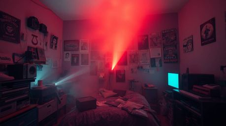Explore a surreal bedroom scene bathed in infrared tones and illuminated by volumetric lighting. This messy space is filled w