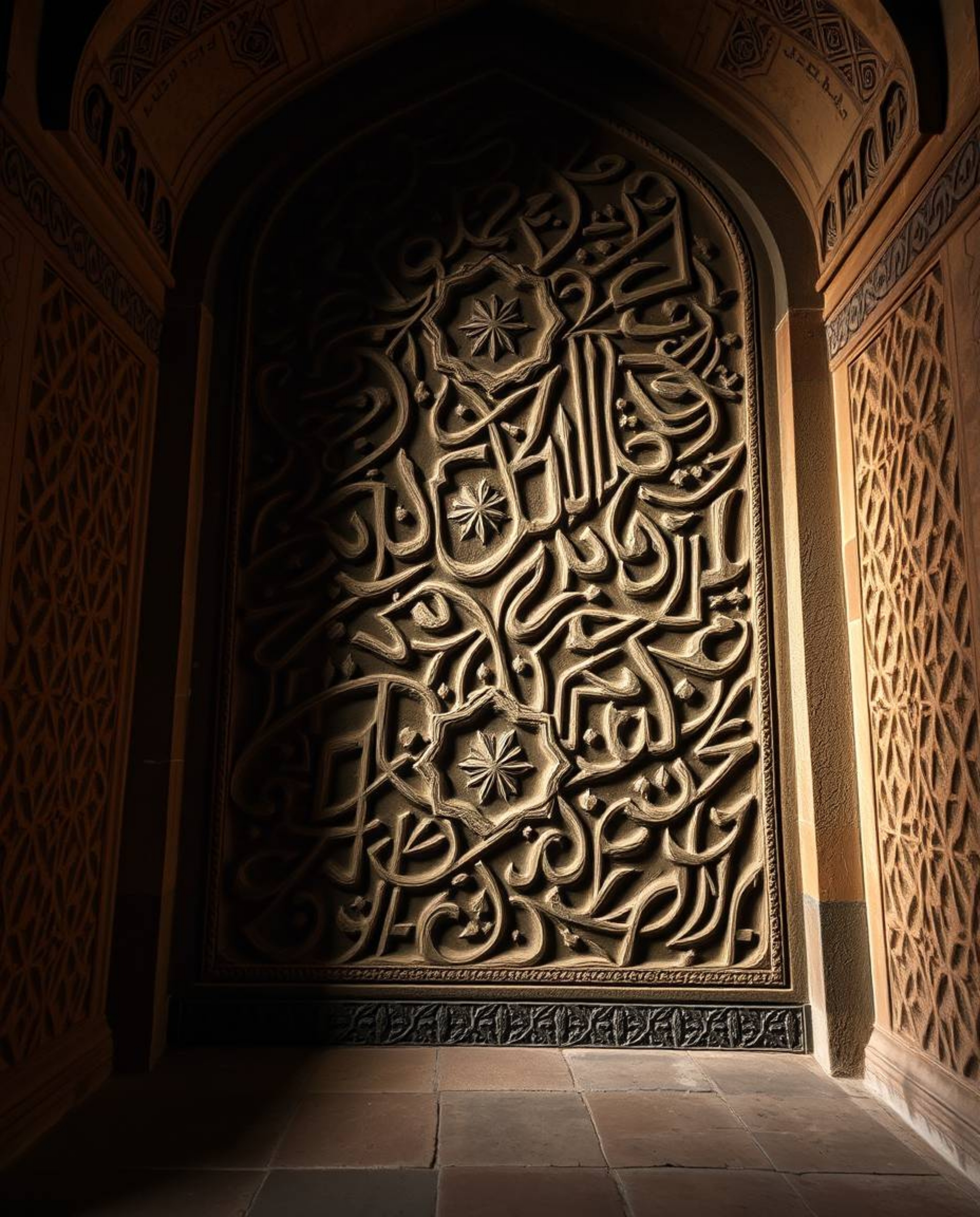 Explore the mesmerizing beauty of Islamic geometric patterns carved in stone, captured with intricate detail and illuminated 