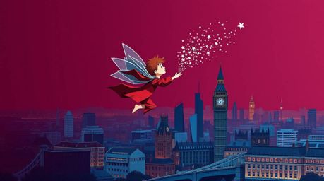 Explore a rich burgundy and deep blue origami-style illustration depicting a young boy soaring above London with pixie dust.