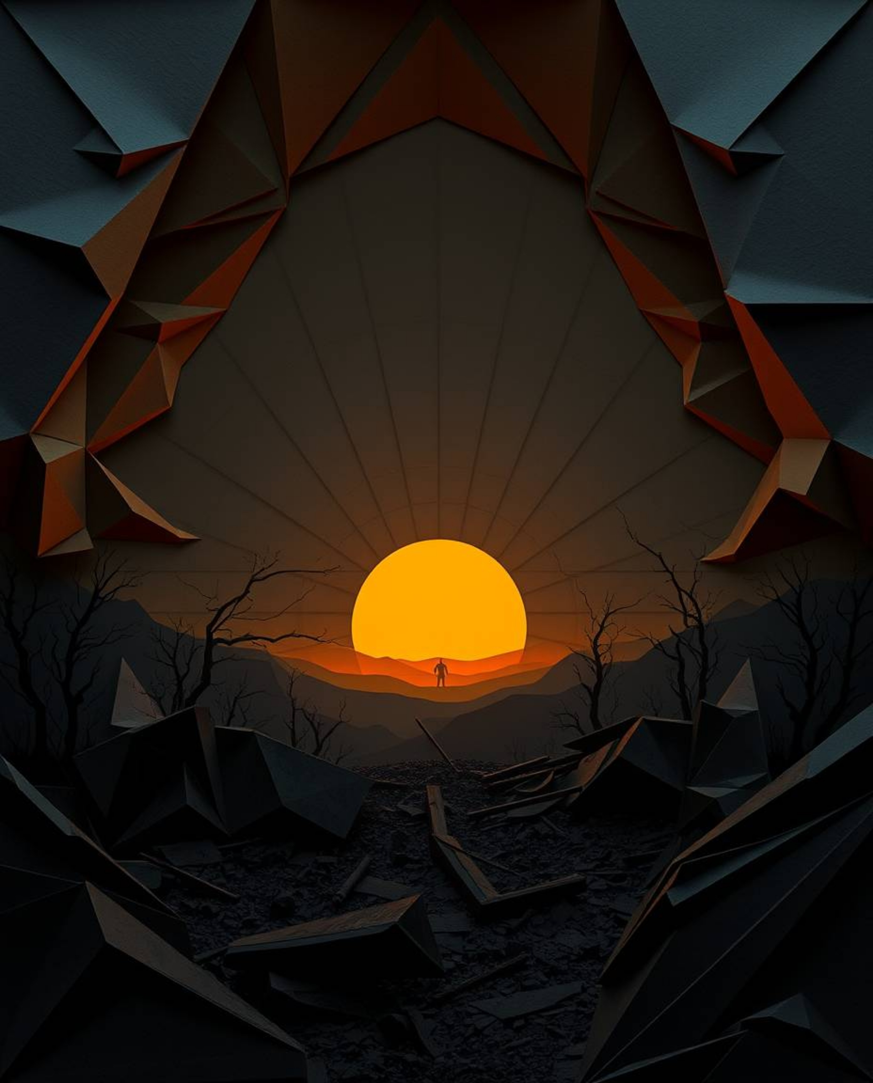This artwork depicts a haunting sunrise over a war-ravaged landscape, rendered with an eerie and unsettling atmosphere. The i