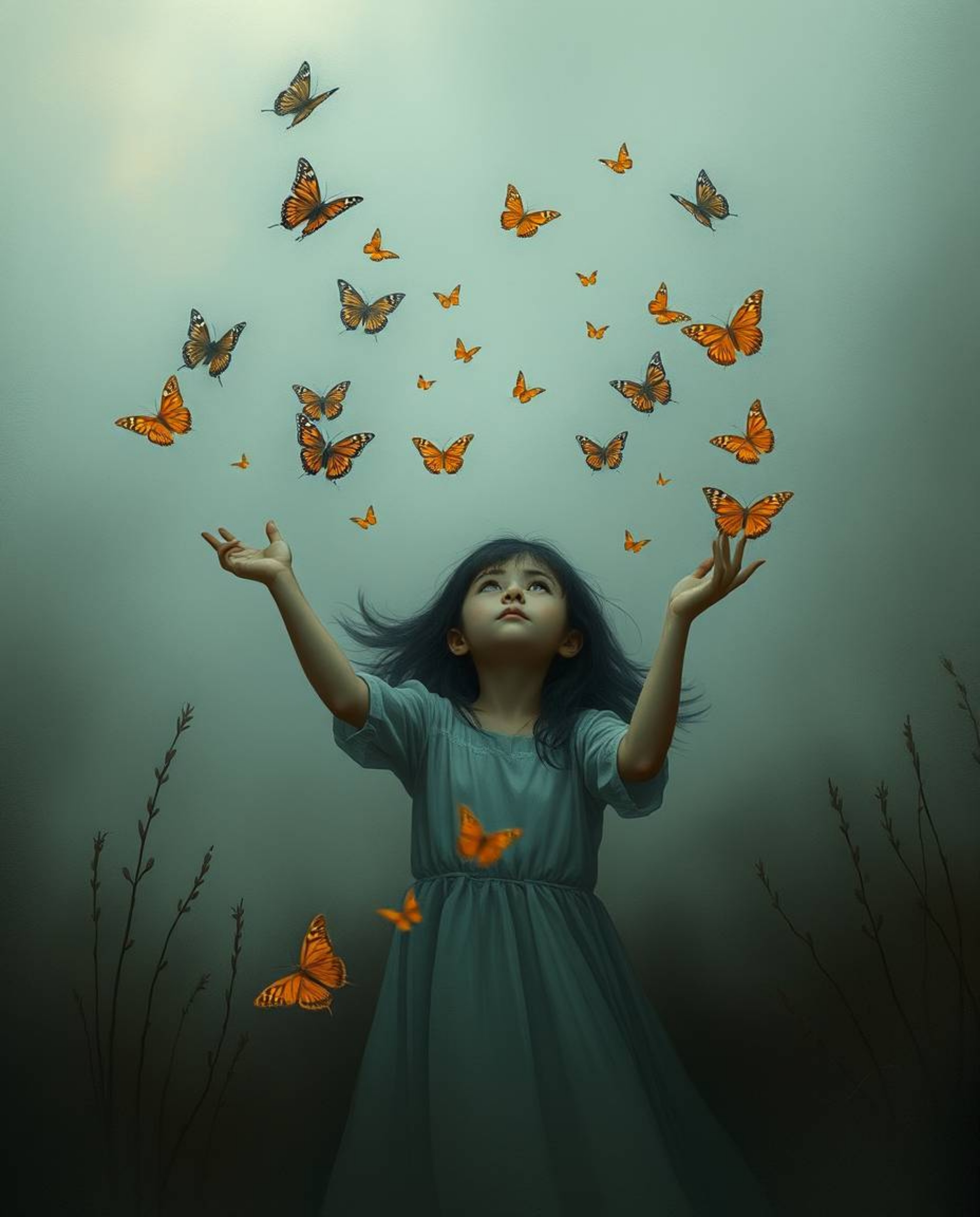 This moody painting depicts a girl releasing butterflies into a thick, foggy environment, creating a sense of ethereal beauty
