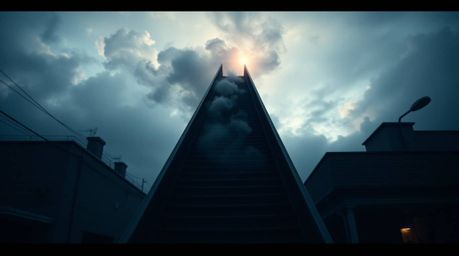 A captivating cinematic street photograph depicts a winding stairway crafted from smoke and light, ascending into a vast, clo