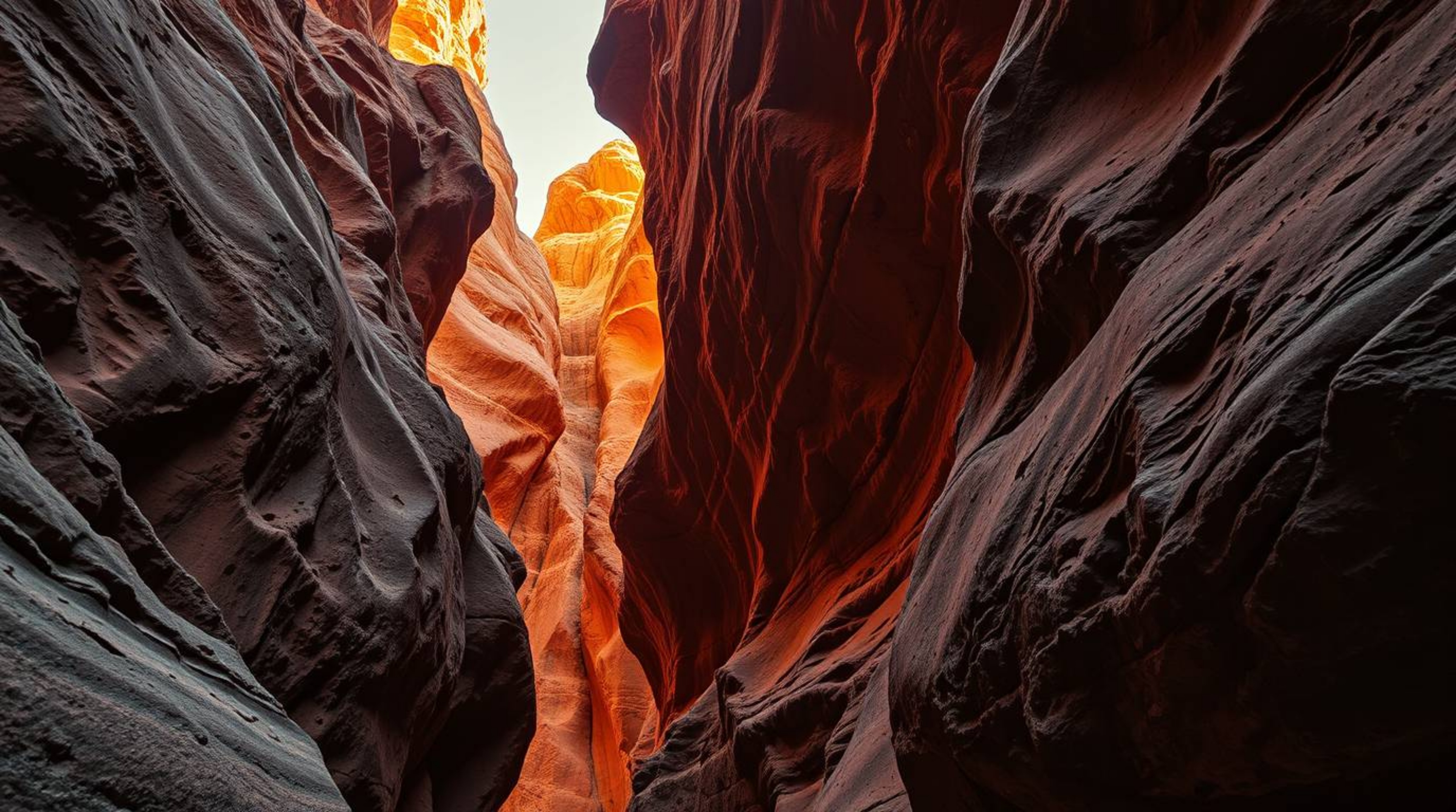 A stunning wide shot of a rocky canyon bathed in the warm hues of an autumn sunset.  The textured rock faces are illuminated 