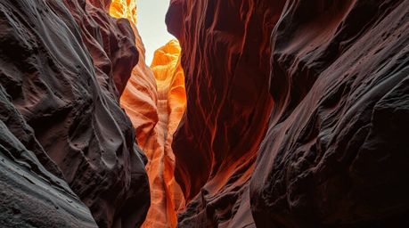 A stunning wide shot of a rocky canyon bathed in the warm hues of an autumn sunset.  The textured rock faces are illuminated 