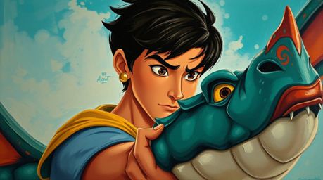 A captivating oil painting depicts a charming prince with a strong jawline and dark hair battling a fierce dragon.  Rendered 