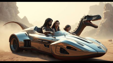 Imagine a prehistoric family with dark hair and brown skin cruising in a sleek, chrome dinosaur car beneath a soft, diffused 