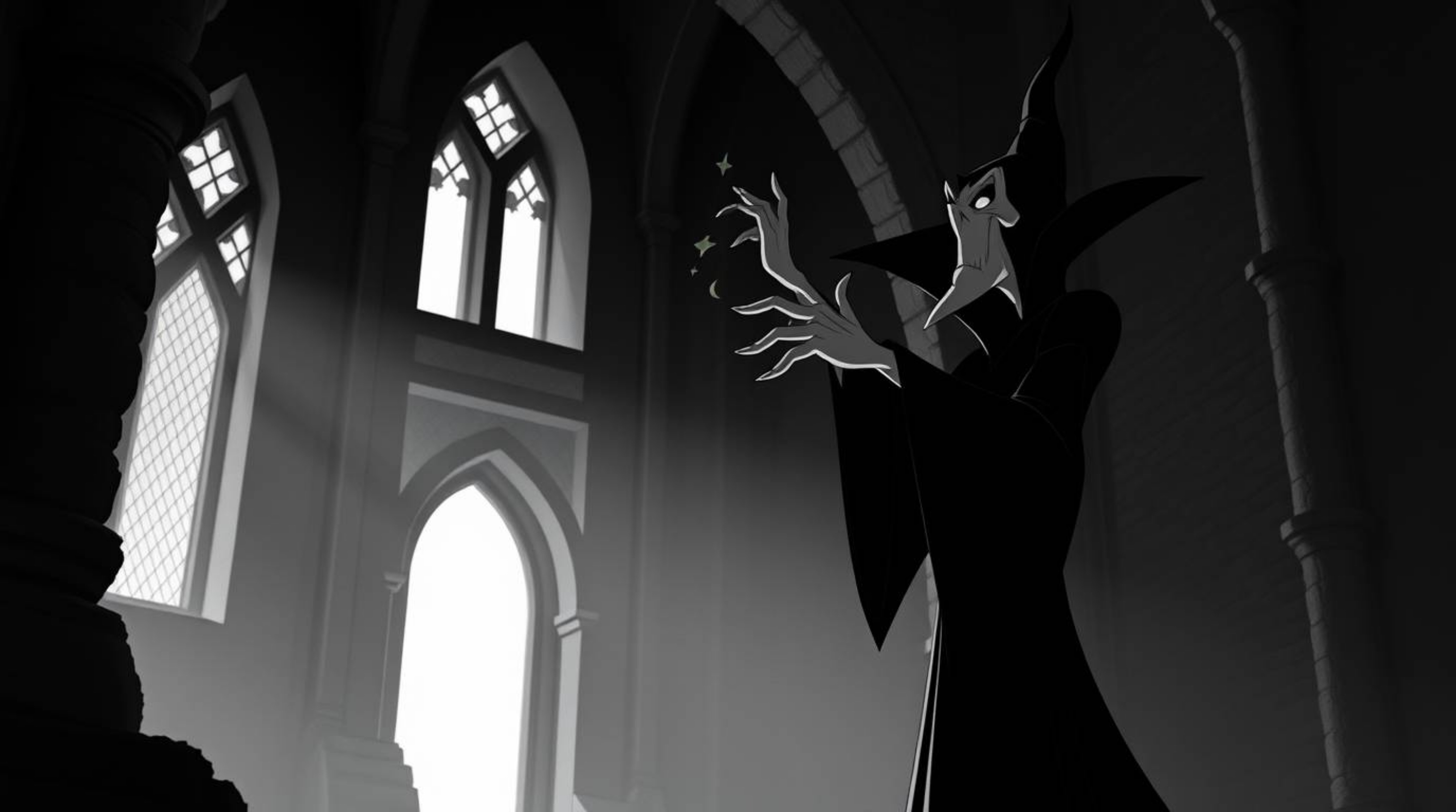 A captivating image of a classic Disney villain, rendered in stark black and white with dramatic chiaroscuro lighting. The g