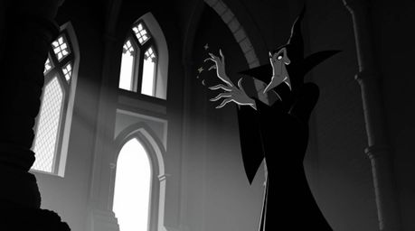 A captivating image of a classic Disney villain, rendered in stark black and white with dramatic chiaroscuro lighting.  The g