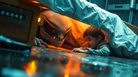 A heartwarming tale of an unlikely friendship between a futuristic monster and a child.  Set during a rainy night, this sci-f