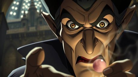 A classic Disney villain, rendered in extreme macro close-up in an Isekai anime style, casts a spell within the dimly lit con