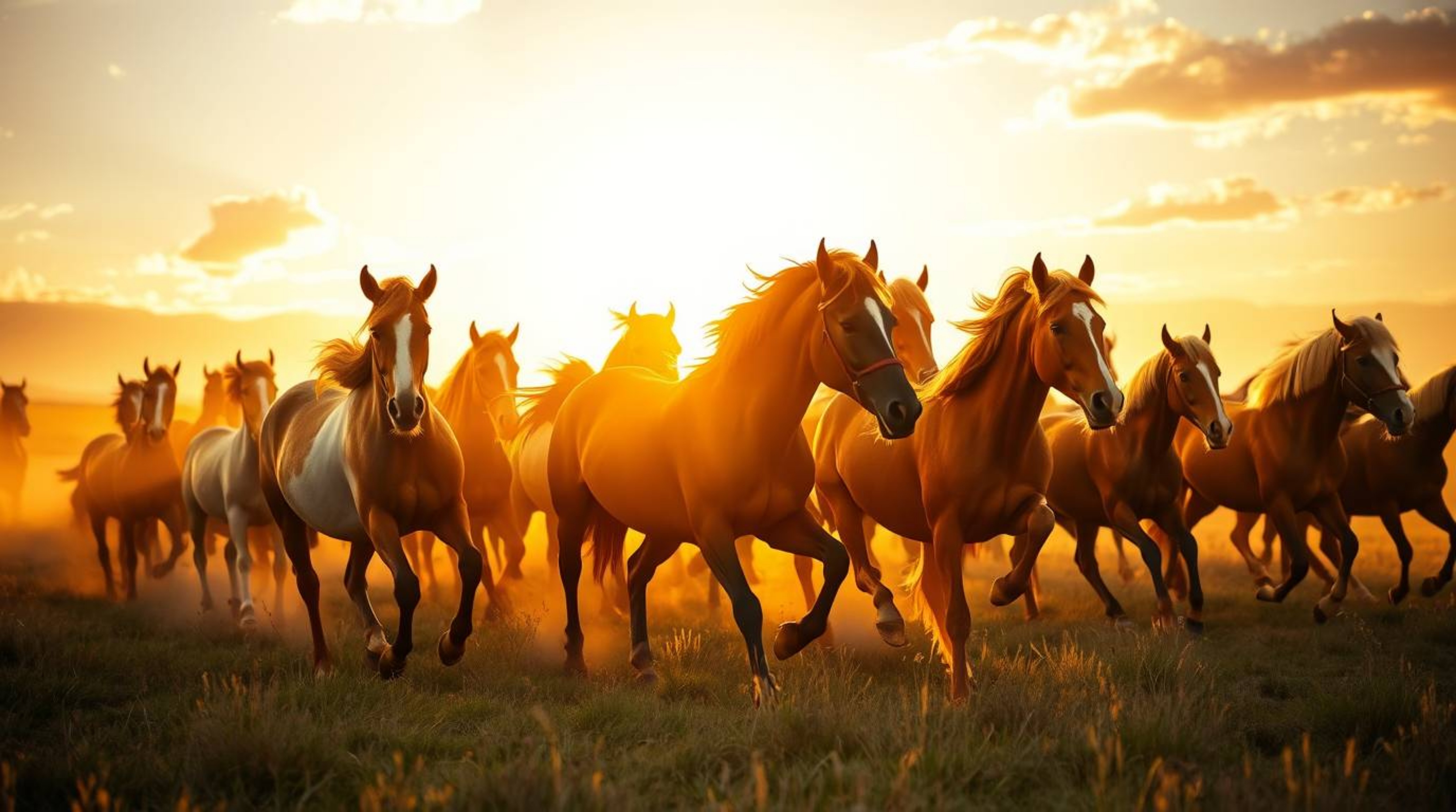 A breathtaking scene unfolds featuring a herd of wild horses galloping beneath a sky bathed in a warm, golden light.  The com
