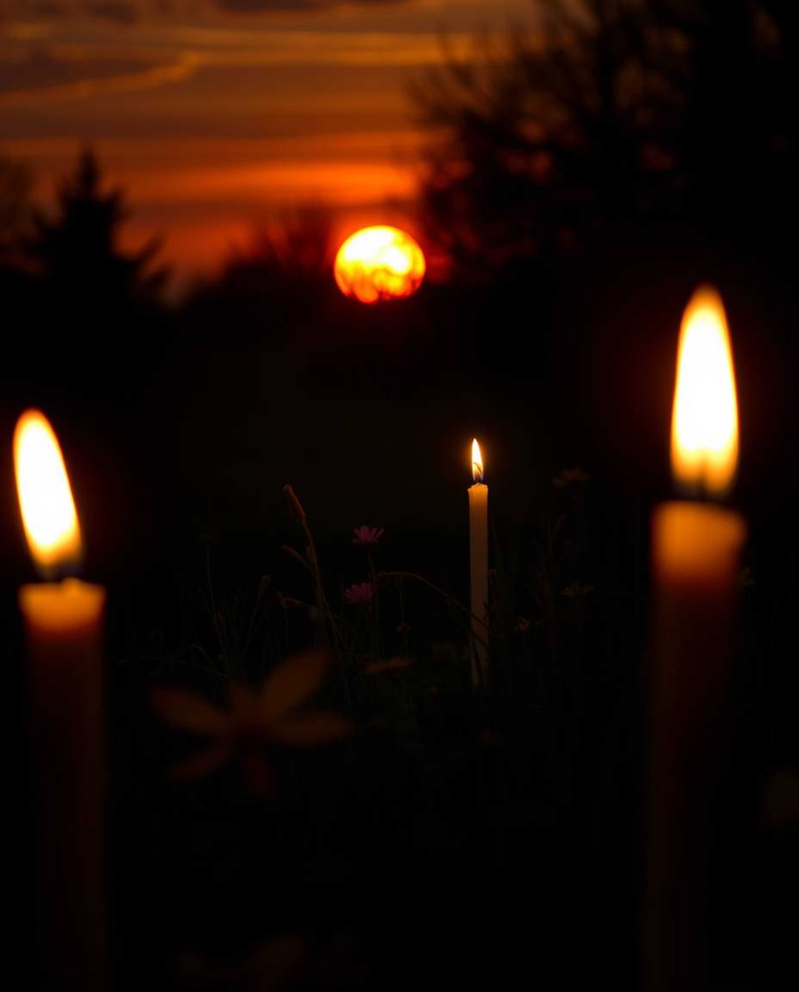A photograph capturing a sunset over a spring wildflower meadow, rendered in dark tones to create a mysterious and unsettling