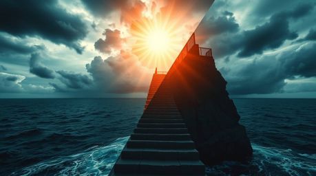 A dramatic staircase emerges from the ocean, reaching towards a stormy sky illuminated by a divine sunburst. This tightly fra