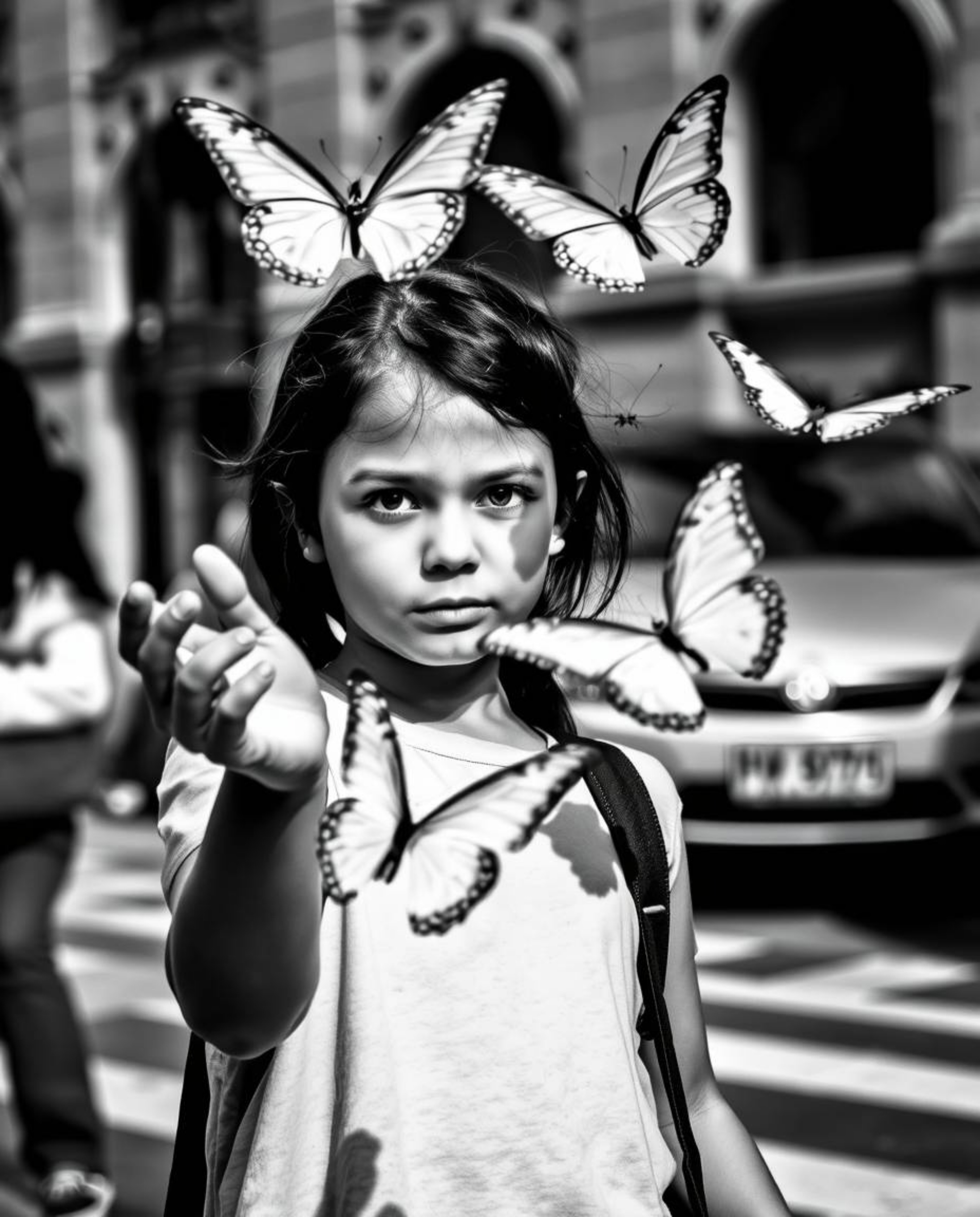 A captivating black and white street photograph captures a spontaneous moment: a girl with intense black eyes releasing a flu