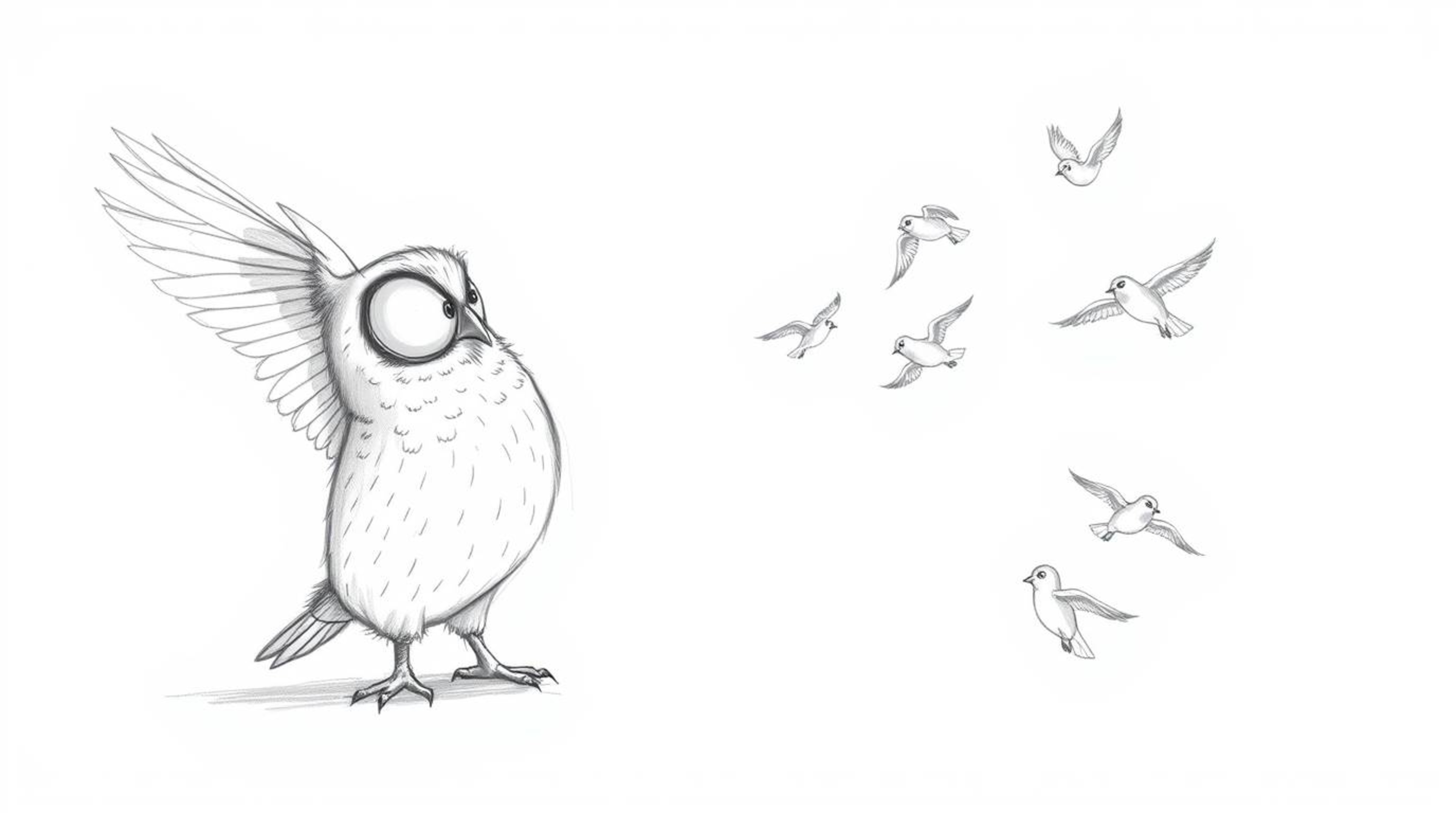 A charming hand-drawn sketch in the style of Pixar animation depicts a blind owl, with soft, downy feathers, patiently guidin