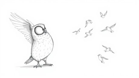 A charming hand-drawn sketch in the style of Pixar animation depicts a blind owl, with soft, downy feathers, patiently guidin