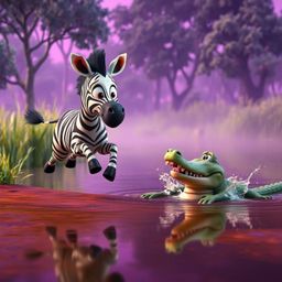 A 3D cartoon zebra with large, expressive eyes leaps towards a riverbank, appearing both scared and alert as a playful crocod