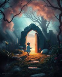 A captivating and surreal image depicts a child's enchanting discovery of a magical portal nestled within their own backyard.