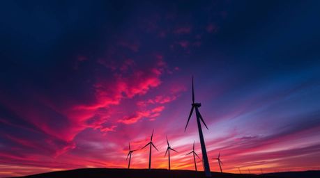 Experience the breathtaking beauty of a vibrant sunset casting electric colors across a hilltop dotted with wind turbines. Th