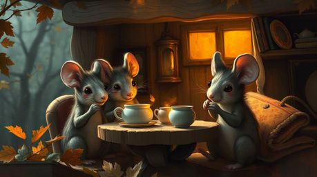 A captivating digital painting depicts anthropomorphic mice enjoying a warm tea party in a cozy cottage. Rendered in rich aut