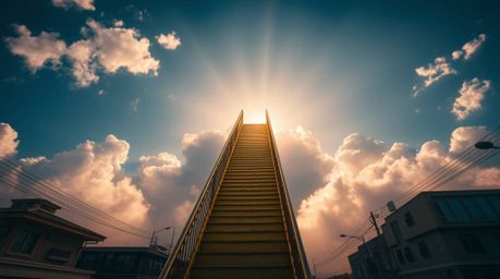 Capture the divine and ethereal atmosphere of a candid street photography shot. A golden staircase ascends through clouds tow