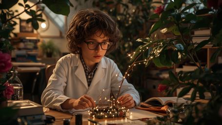 a cinematic, warm-toned photograph of a bespectacled, curly-haired homeschooled genius with a bright, inquisitive gaze, dress