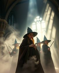 Explore a captivating magical school brimming with young wizards, bathed in volumetric lighting that illuminates dust and fog