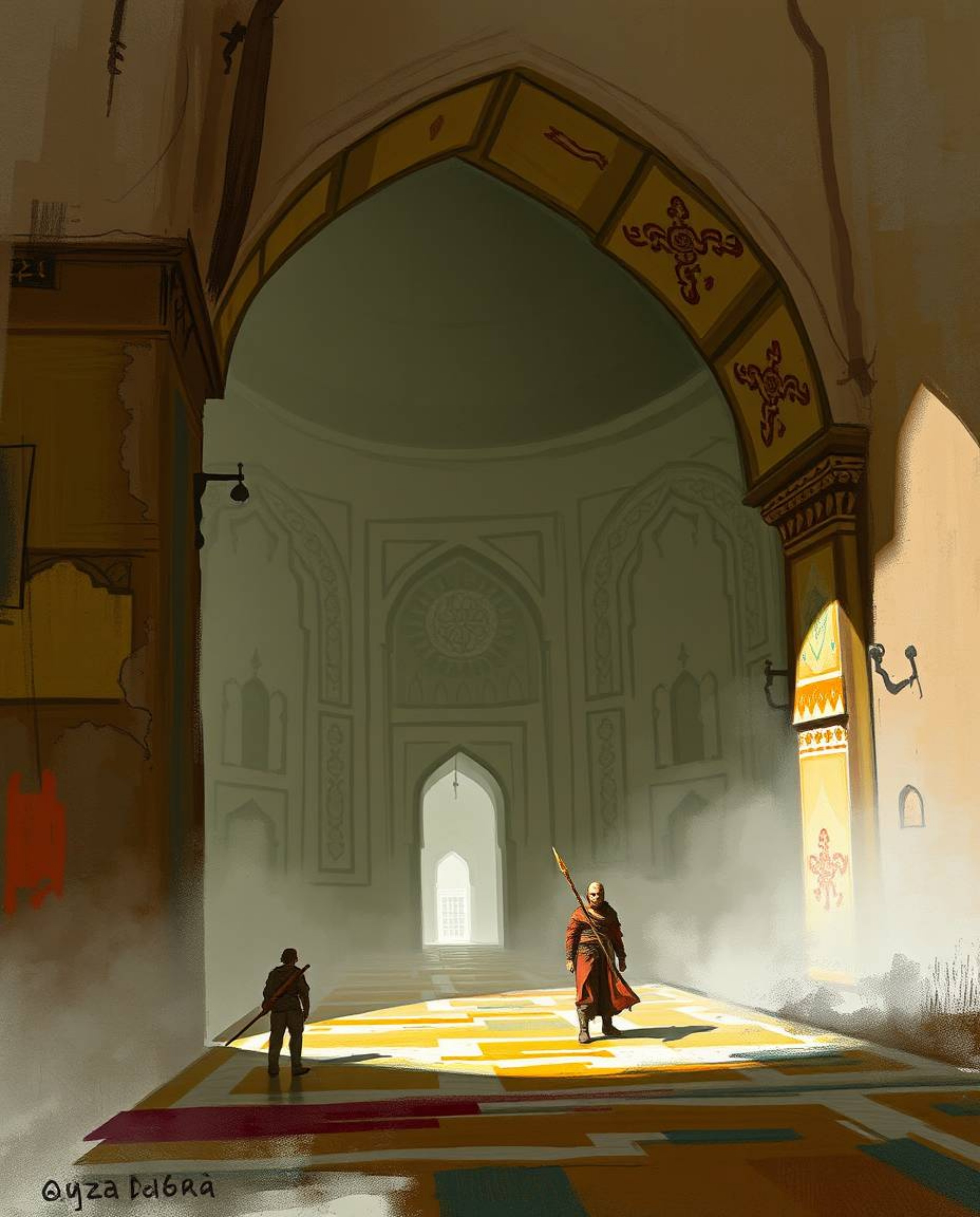 Explore a digital sketch blending loose painterly strokes with intricately carved Islamic geometric patterns in stone. This u