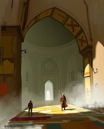 Explore a digital sketch blending loose painterly strokes with intricately carved Islamic geometric patterns in stone. This u
