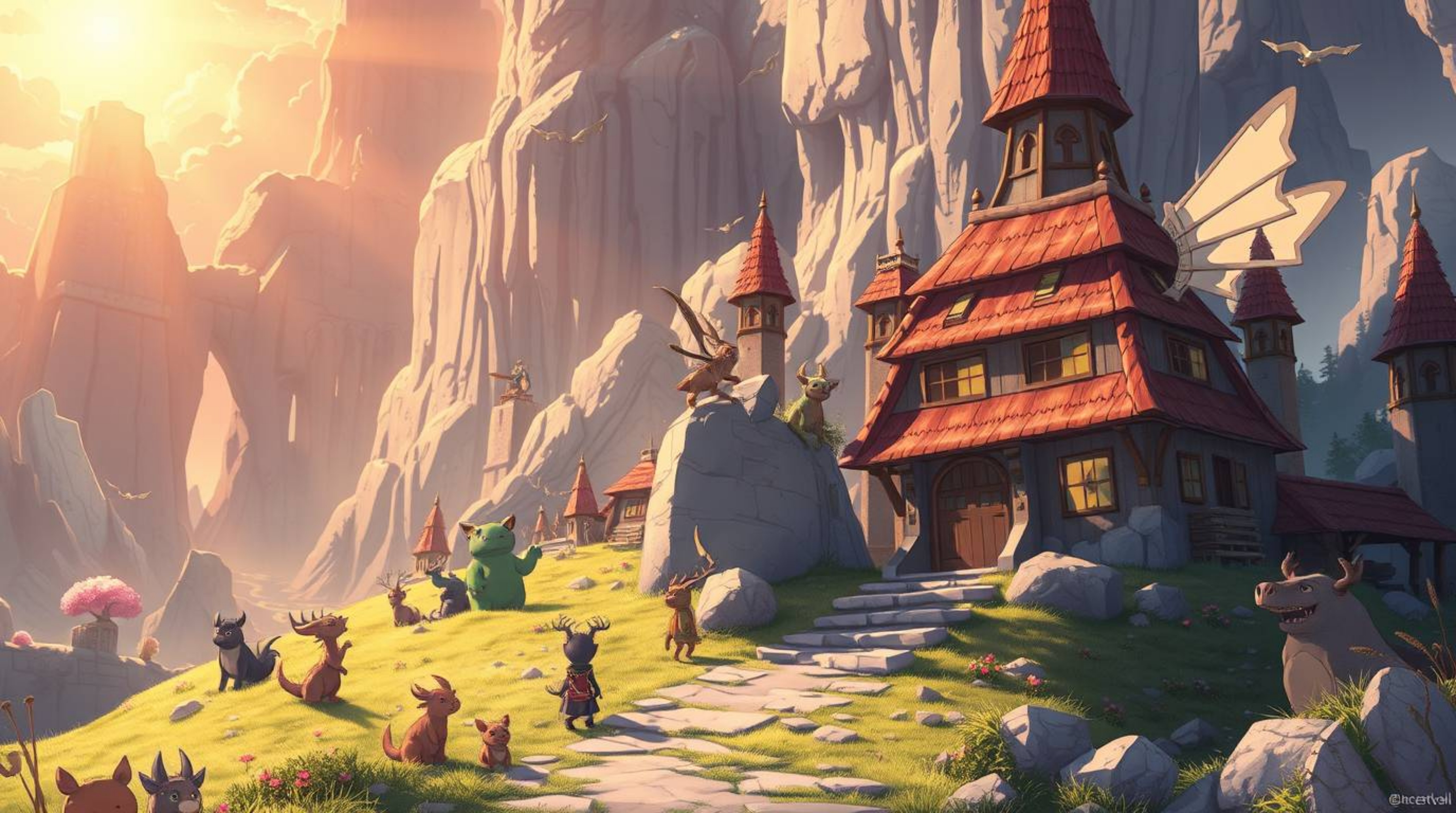 A vibrant Isekai anime-style illustration depicts a breathtaking fantasy kingdom teeming with quirky magical creatures. Bathe