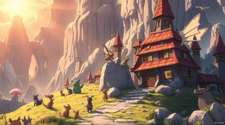 A vibrant Isekai anime-style illustration depicts a breathtaking fantasy kingdom teeming with quirky magical creatures. Bathe