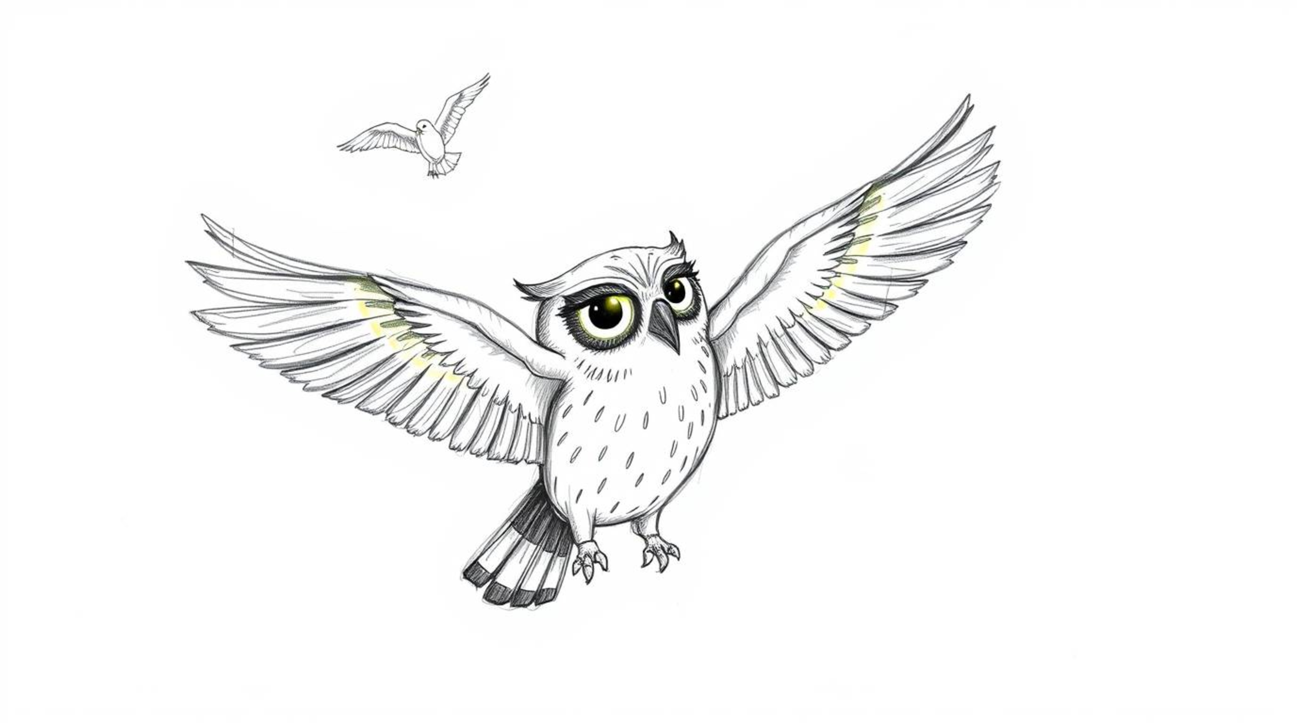 A heartwarming hand-drawn sketch in Pixar style depicts a blind owl overcoming its disability to teach birds how to fly. Sunb