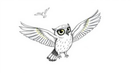 A heartwarming hand-drawn sketch in Pixar style depicts a blind owl overcoming its disability to teach birds how to fly. Sunb