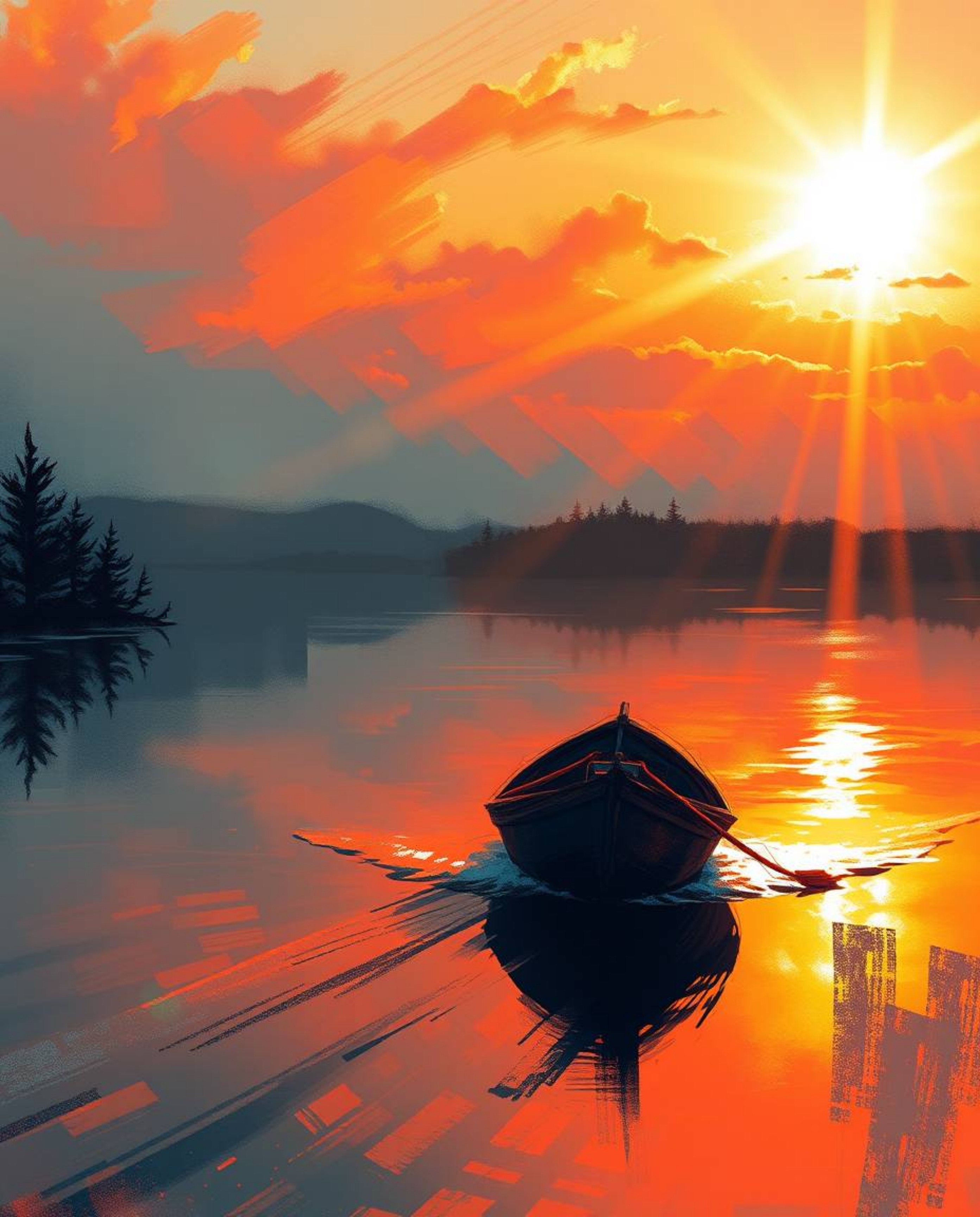 A dynamic digital sketch captures a boat drifting on a lake at sunset, brought to life with bright lens flare and epic comple