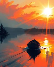 A dynamic digital sketch captures a boat drifting on a lake at sunset, brought to life with bright lens flare and epic comple