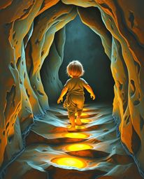 A captivating image depicts a child with light skin following a trail of glowing footsteps leading into a mysterious cave. Re