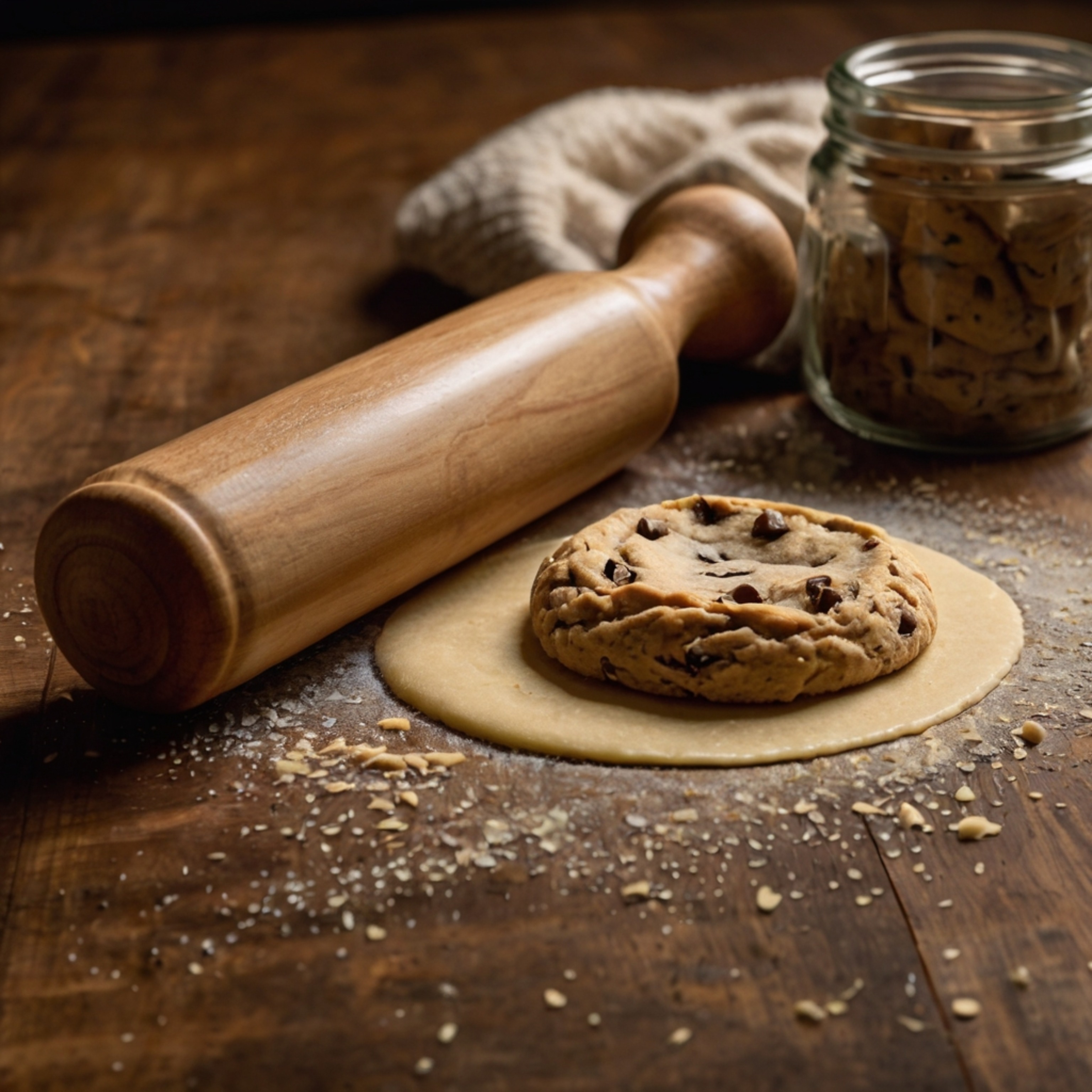 Capture the essence of traditional baking with this image showcasing a classic wooden rolling pin next to a batch of freshly 